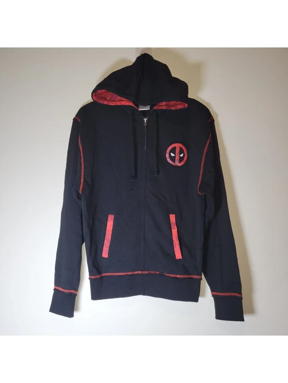 Marvel Deadpool Men's Full Zip Hoodie Black Red Graphic Sweatshirt Small